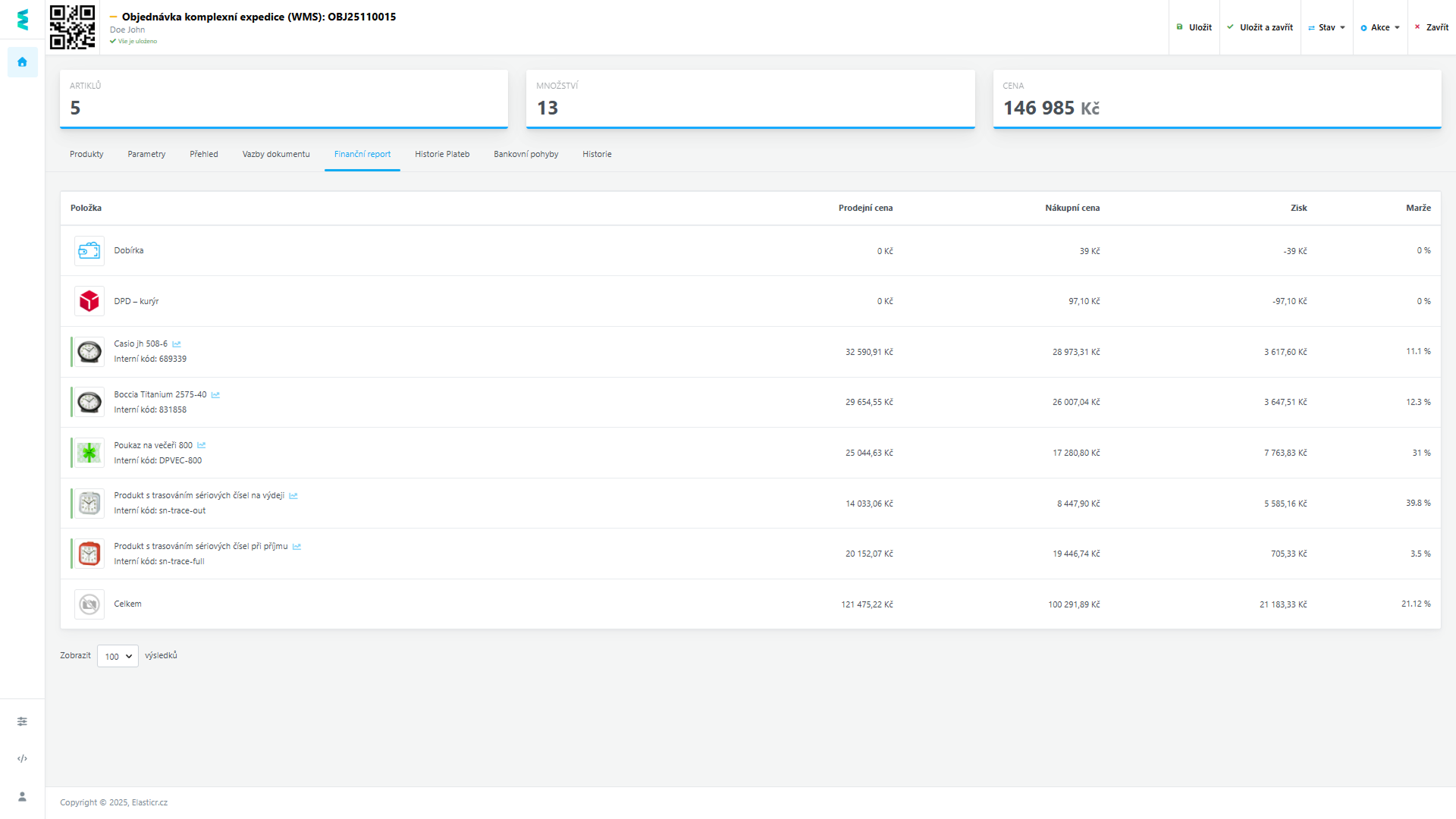 Ukázka finančního reportu na konkrétní objednávce