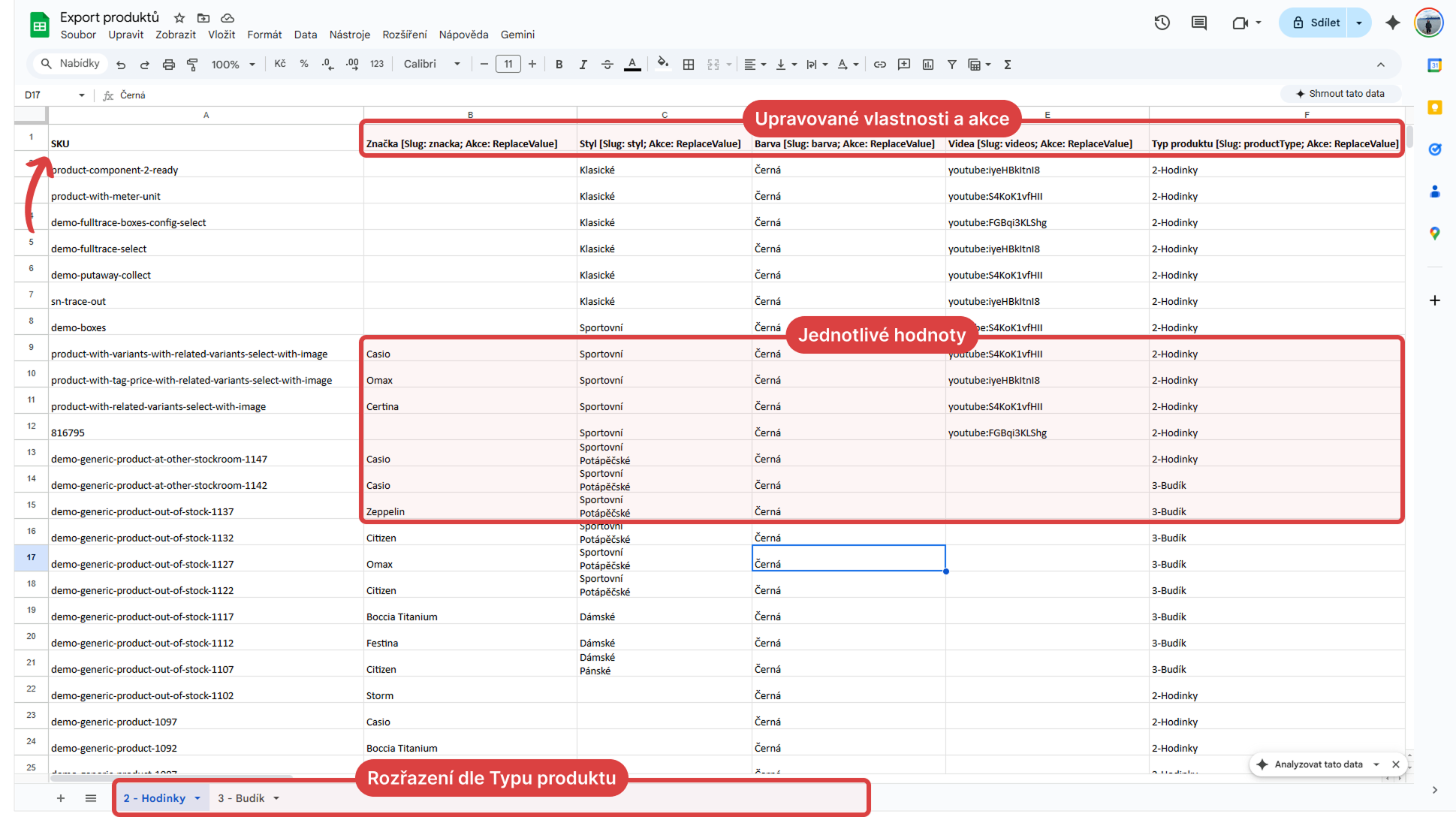 Náhled na vygenerovaný soubor, ve kterém můžete bleskově měnit hodnoty u tisíců produktů najednou před jejich zpětným importem.