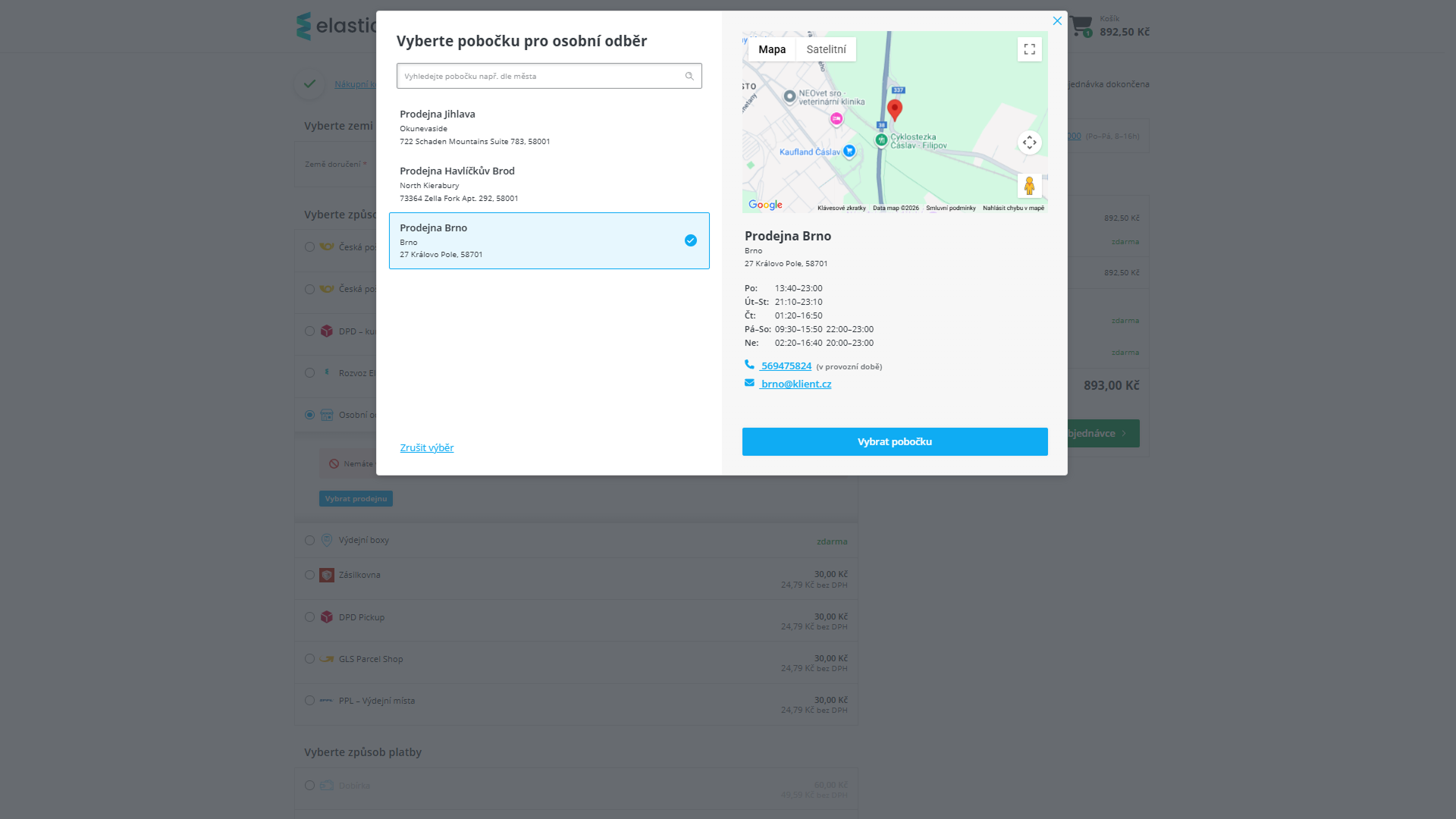Ukázka interaktivní mapy výdejního místa pro osobní odběr.
