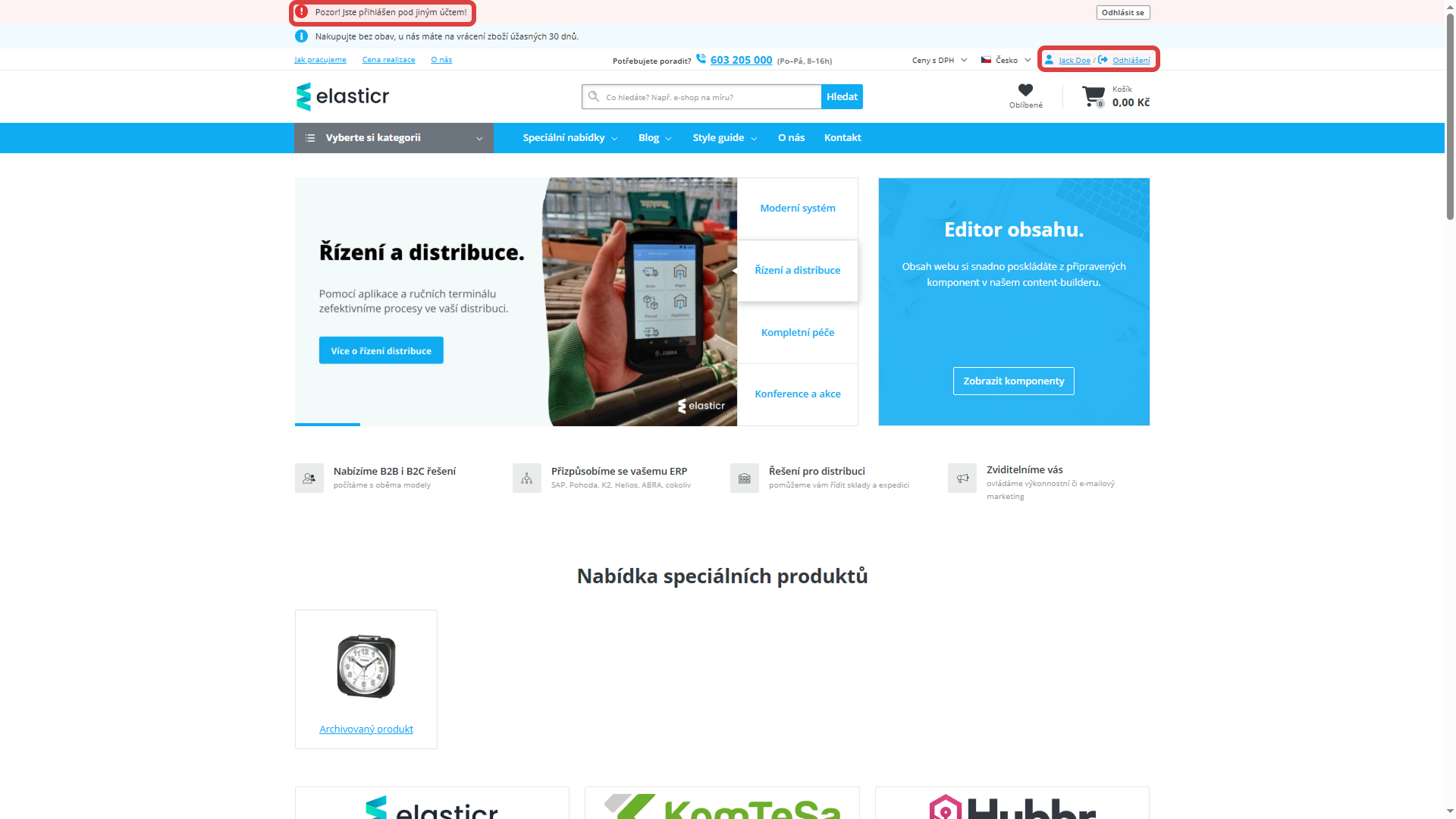 Nyní můžete vidět náhled e-shopu jako konkrétní vybraný zákazník. 
