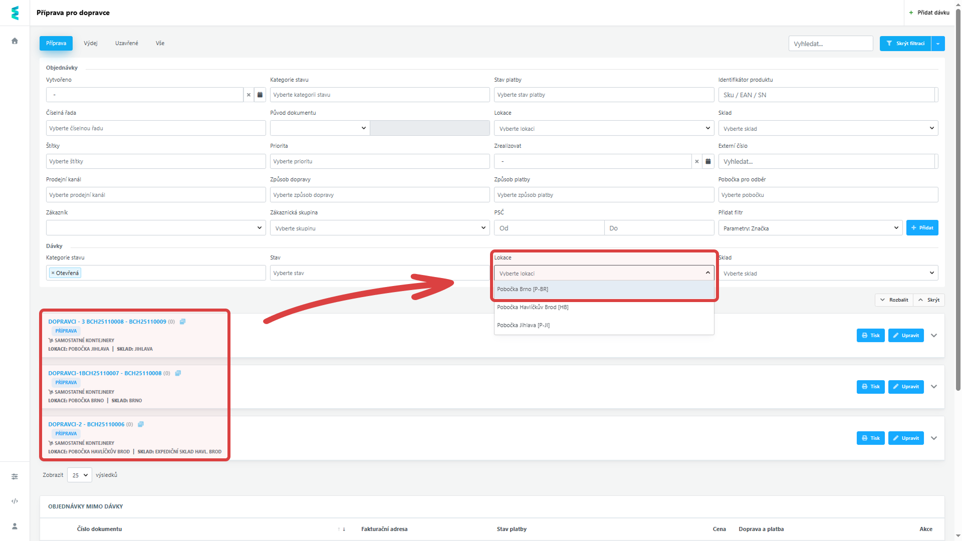 Filtrování dávek dle konkrétní lokace