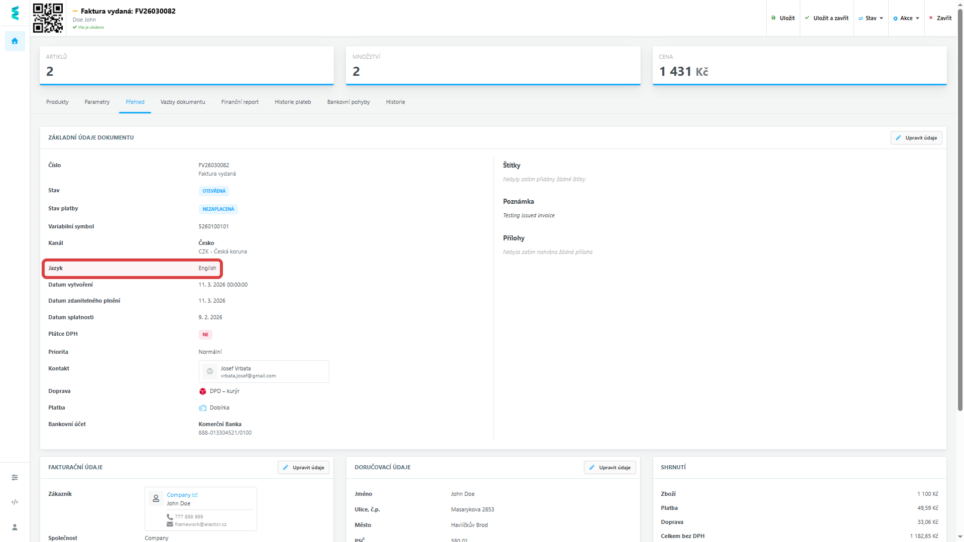 Nová možnost volby jazyka v přehledu umožňuje generovat PDF exporty přímo v cizím jazyce (např. angličtině) pro snazší mezinárodní obchod.