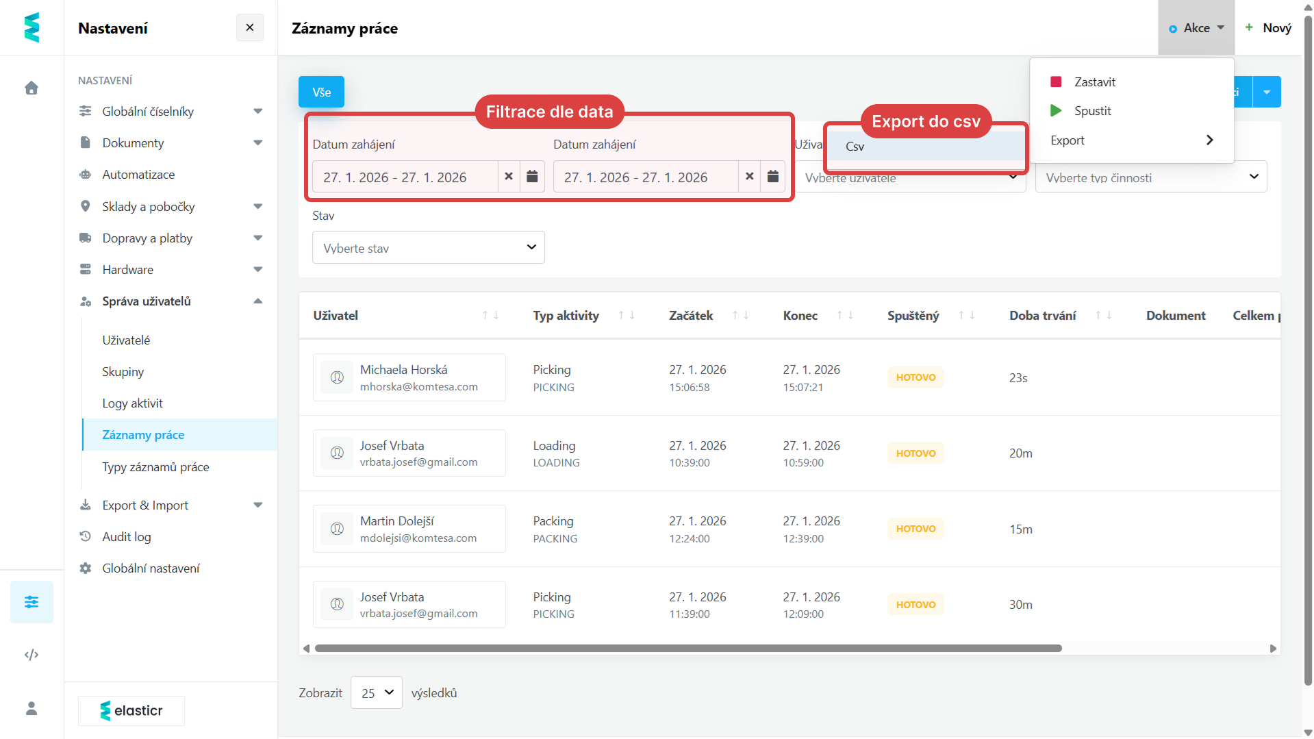 Nyní můžete snadno vyfiltrovat odpracované hodiny a data jedním kliknutím stáhnout v CSV formátu pro další zpracování v Excelu.