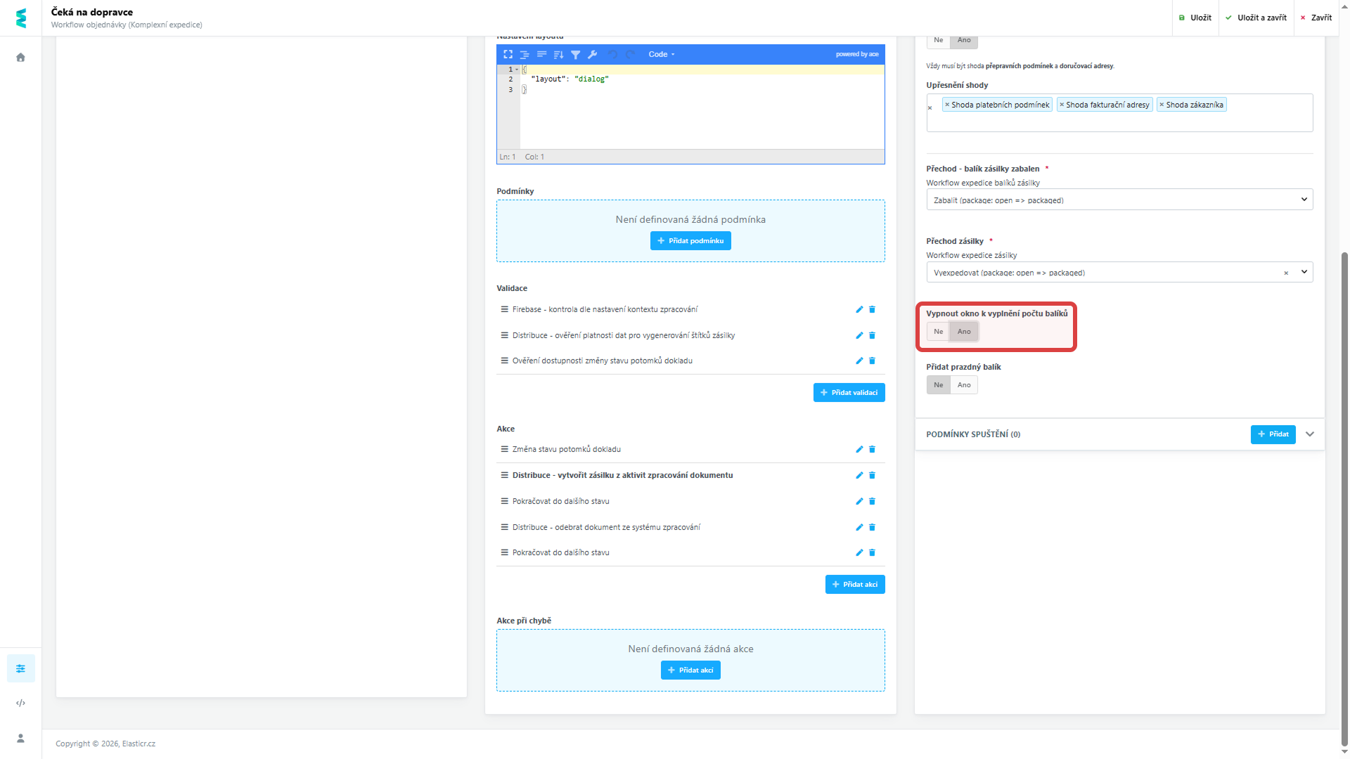 Jednoduché vypnutí povinného zadávání balíků ve workflow.